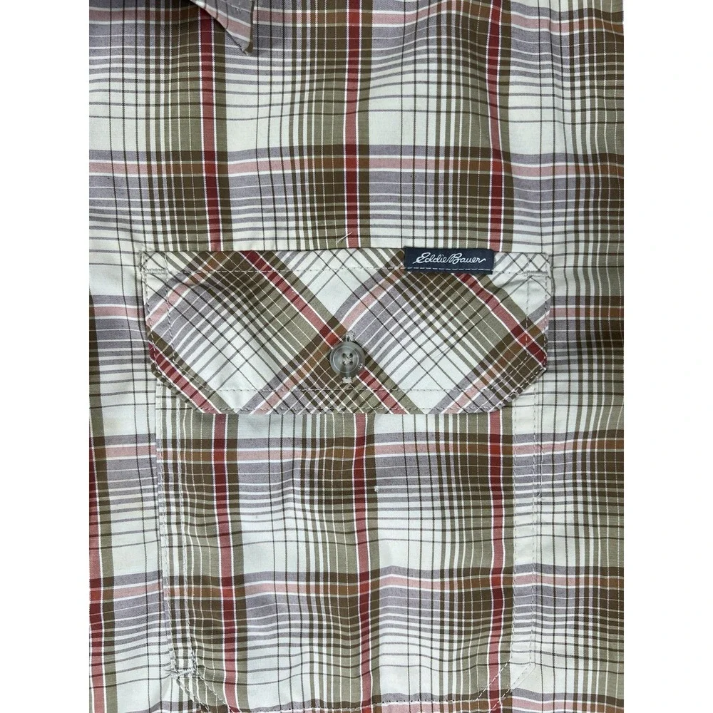 Eddie Bauer Mens Large Tall LT Plaid Short Sleeve Button Up Shirt Tan Brown Red